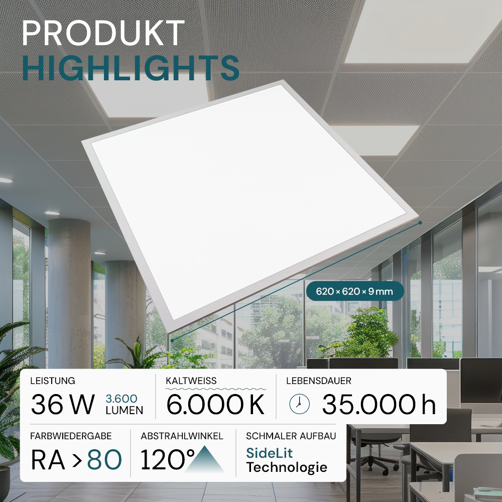 4er Pack LED-Panels, 36 W, 62x62 cm, 6000K