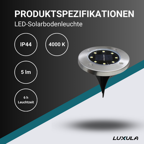 Solar Bodenleuchte, 6 Stunden Leuchtdauer, 4000 K (neutralweiß), IP44-Wasserdicht, Edelstahl.
