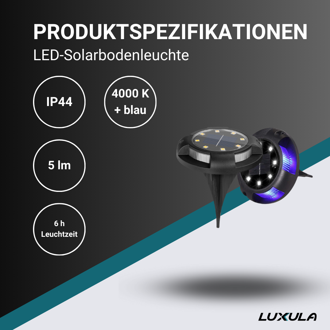 2er-Pack Solar Bodenleuchte, 10 Stunden Leuchtdauer, 4000 K (neutralweiß) und blau, IP44-Wasserdicht, Gartenleuchte.