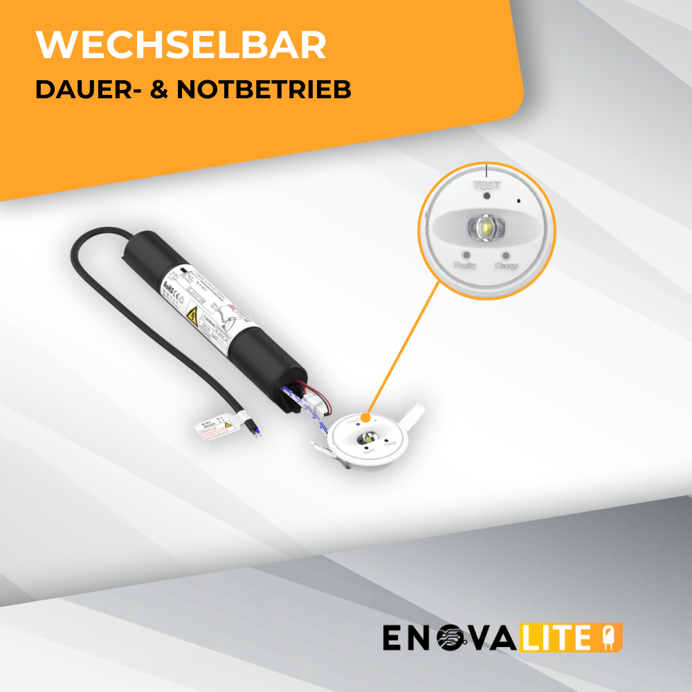 LED-Notstrom Downlight mit Fernbedienung, Fluchtwegleuchte mit Notstromeinheit, Einbauspot, TEST-Funktion.
