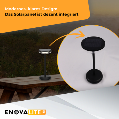 LED-Tischleuchte mit Akku, Solar- und Netzbetrieb, dimmbar, 2700 K (warmweiß), bis zu 48 h Leuchtzeit, IP44, wiederaufladbar, USB-C, In- und Outdoor.