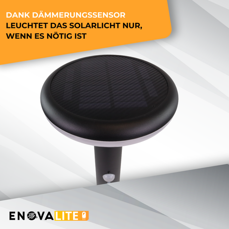 2er-Pack Solar Wegeleuchte mit PIR Sensor, rund, 3000 K (warmweiß), 12 Stunden Leuchtzeit, 3 Lichtmodi, IP54-Wasserdicht, aus Aluminium.