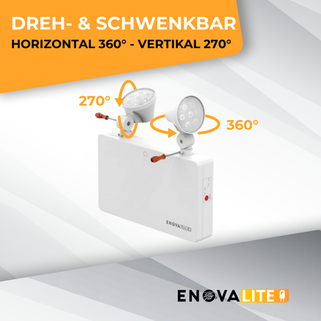 LED-Fluchtwegleuchte Twin-Spot 6W mit Fernbedienung, Notausgang mit Notstromeinheit, TEST-Funktion, Wandmontage.