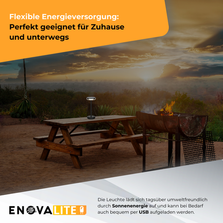 LED-Tischleuchte mit Akku, Solar- und Netzbetrieb, dimmbar, 2700 K (warmweiß), bis zu 48 h Leuchtzeit, IP44, wiederaufladbar, USB-C, In- und Outdoor.