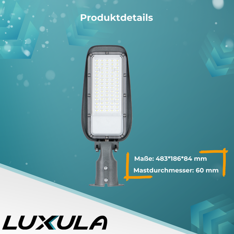 LED Straßenleuchte, 100 W, 4500 K (neutralweiß), 10000 lm, grau, IP65, Wand- und Mastmontage.