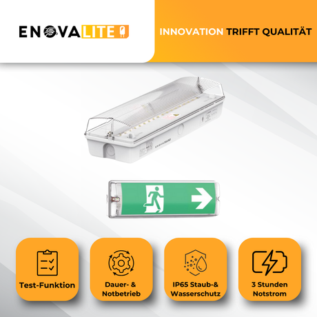 LED-Fluchtwegleuchte mit Fernbedienung, Notausgang mit Notstromeinheit, TEST-Funktion, Wandmontage, IP65.