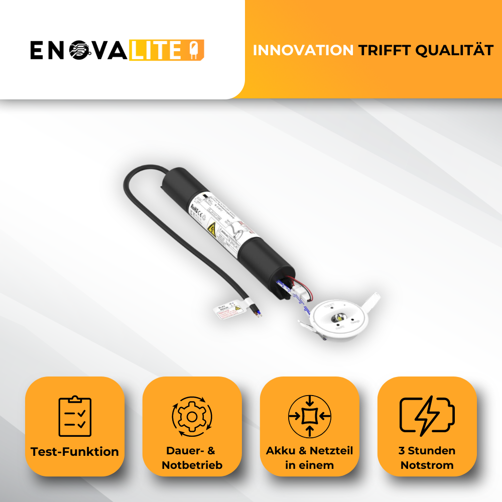 LED-Notstrom Downlight mit Fernbedienung, Fluchtwegleuchte mit Notstromeinheit, Einbauspot, TEST-Funktion.