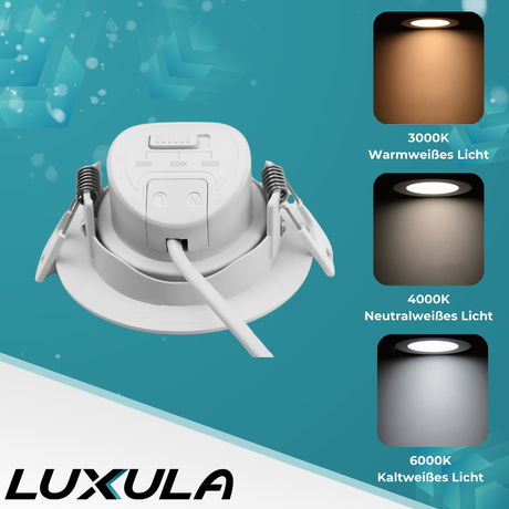 3er Pack LED CCT Downlight schwenkbar, 7W, 718lm, 38°, IP44, 3000K-4000K-6000K einstellbar.