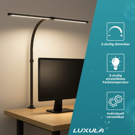 2er Pack LED-Schreibtischlampe, Doppelkopf, schwarz, dimmbar, 5 Farbtemperaturstufen, 24 W, 800 lm, klemm- und verstellbare Monitorlampe.