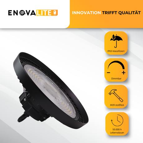 9er-Pack LED-Hallenstrahler, mit Bewegungsmelder, Leistung einstellbar, 100/150/200W, 4000 K (neutralweiß), 17000-34000 lm, IP65, 0-10V dimmbar.