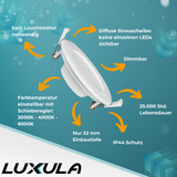 LED CCT Downlight, dimmbar, 6W, 525 lm, ø115x32mm, 3000-4000-6000K einstellbar, mit Diffusor, IP44, rund.