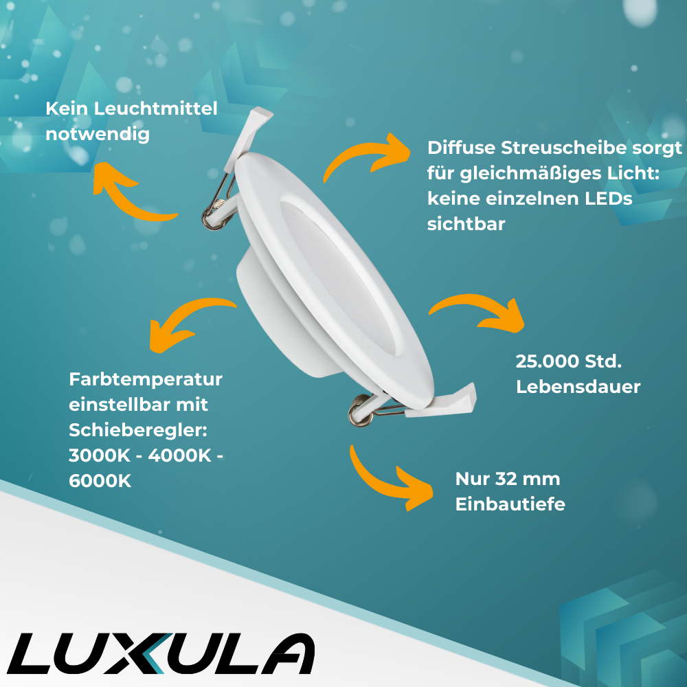 6er Set LED CCT Downlight, 6W, 525 lm, ø115x32mm, 3000-4000-6000K einstellbar, mit Diffusor, rund.