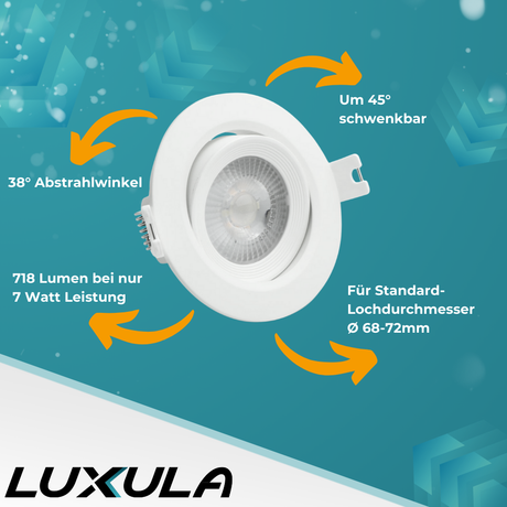 5er Pack LED CCT Downlight schwenkbar, 7W, 718lm, 38°, IP44, 3000K-4000K-6000K einstellbar.