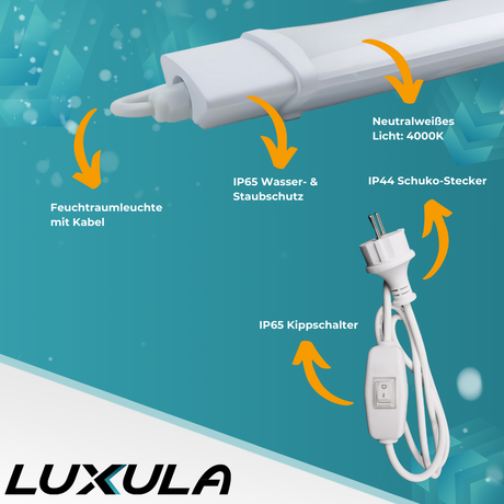10er Set LED Feuchtraumleuchte, 22 W, 2000lm, 4000K, 900 mm, IP65, mit Schalter und IP44 Stecker.