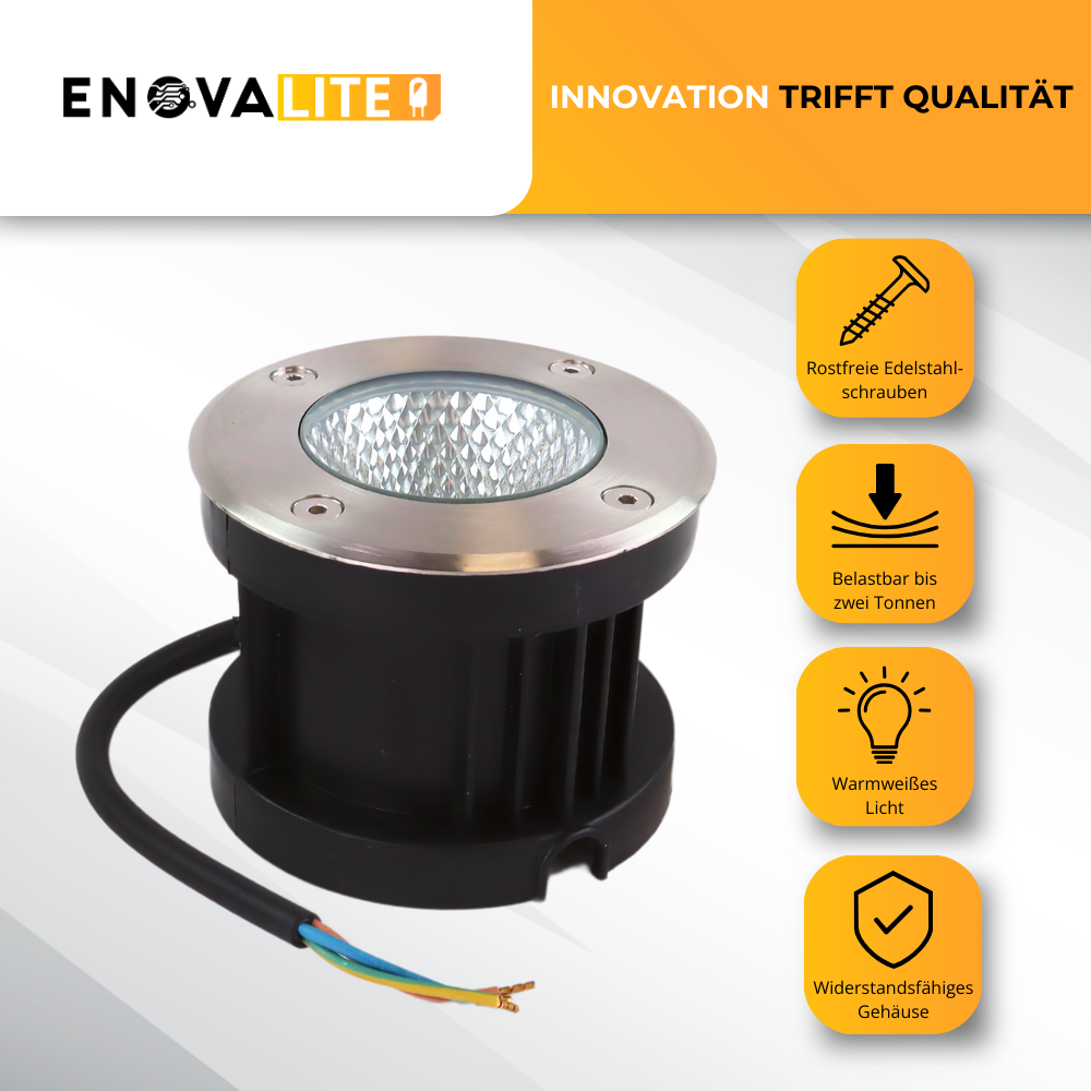 4er Set LED Bodeneinbaustrahler, 7 W, 490 lm, 3000 K (warmweiß), Chromoptik, Edelstahl und Aluminiumdruckguss, EPISTAR.