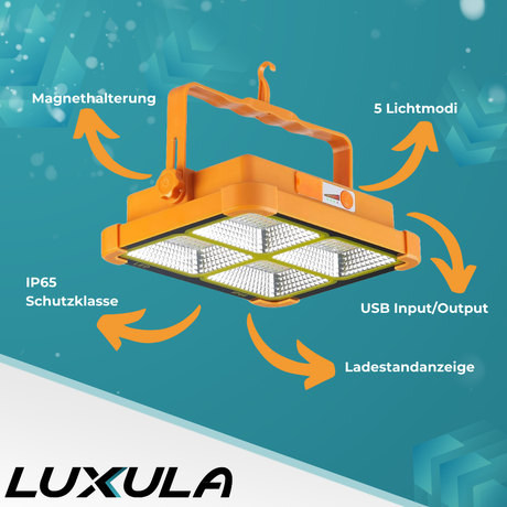 Solar Baustrahler mit Akku, CCT, 6 Std.Leuchtzeit, USB In- & Output, IP65, Magnet- & Hängefunktion.
