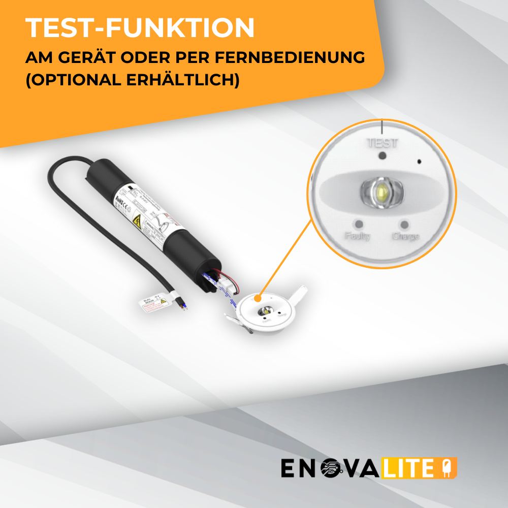 LED-Notstrom Downlight mit Fernbedienung, Fluchtwegleuchte mit Notstromeinheit, Einbauspot, TEST-Funktion.