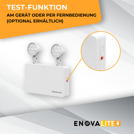 LED-Fluchtwegleuchte Twin-Spot 6W mit Fernbedienung, Notausgang mit Notstromeinheit, TEST-Funktion, Wandmontage.