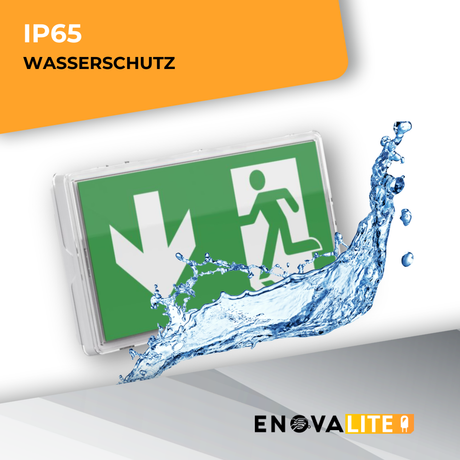 LED-Fluchtwegleuchte mit Fernbedinung, Notausgang mit Notstromeinheit, TEST-Funktion, Wand- und Deckenmontage, Ein- und Aufbau, IP65.