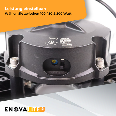 LED-HighBay, UFO, Leistung einstellbar, 100/150/200W, 4000 K (neutralweiß), 17000-34000 lm, IP65, SOSEN, 0-10V dimmbar, 3-in-1 Leuchte, mit Bewegungsmelder.