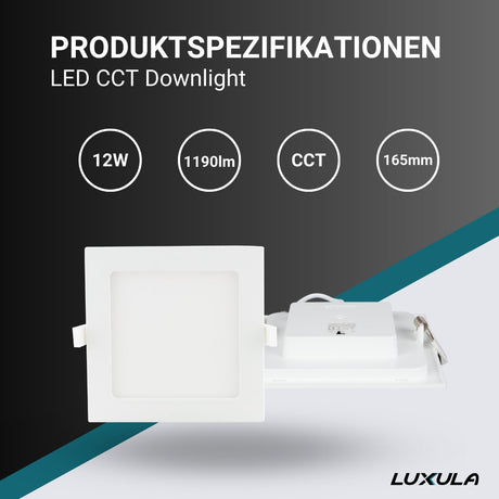 6er Set LED CCT Downlight, 12W, 1190 lm, 165x32mm, 3000-4000-6000K einstellbar, mit Diffusor, eckig.