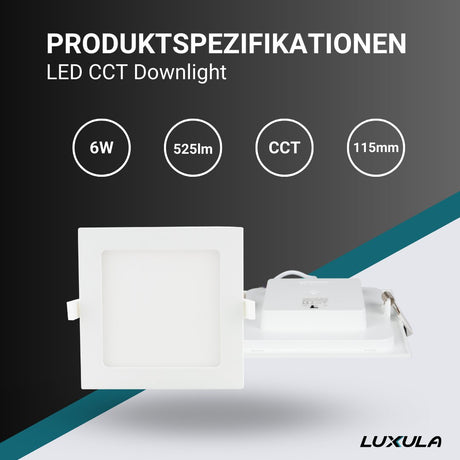 6er Set LED CCT Downlight, 6W, 525 lm, 115x32mm, 3000-4000-6000K einstellbar, mit Diffusor, eckig.