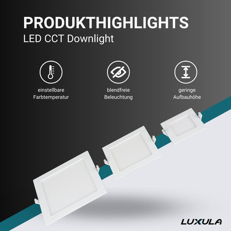 6er Set LED CCT Downlight, 6W, 525 lm, 115x32mm, 3000-4000-6000K einstellbar, mit Diffusor, eckig.