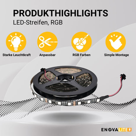 Digitaler LED-Streifen in RGB Farben, 5 Meter Länge, 60LED/m, 5 V, 10 mm, WS2812b.