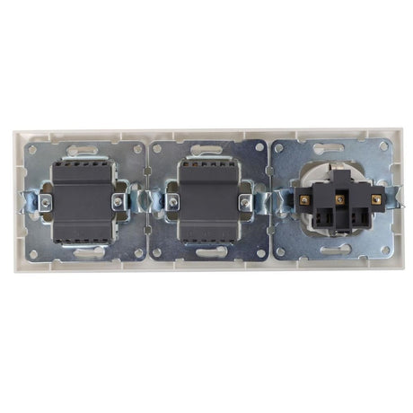 Einbau-Schutzkontakt-Steckdose mit 2 Wechselschaltern, 16 A, 250 V, weiß.