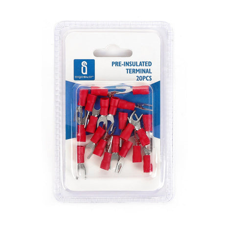 Gabel-Kabelschuhe, isoliert, 20 Stk., 1,25 - 4 mm², 21,7 x 6,4 x 4,3 mm, rot.