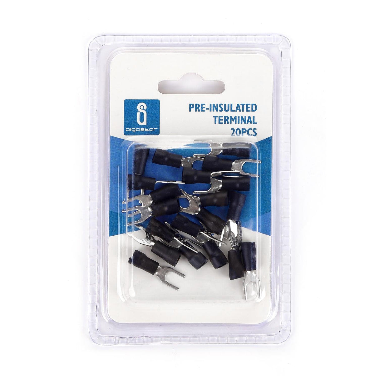Gabel-Kabelschuhe, isoliert, 20 Stk., 1,25 - 4 mm², 21,7 x 6,4 x 4,3 mm, schwarz.