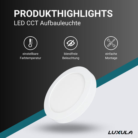 LED CCT Aufbauleuchte, 24W, 2565 lm, ø247x35mm, 3000-4000-6000K einstellbar, mit Diffusor, rund.
