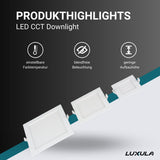 LED CCT Downlight, 12W, 1190 lm, 165x32mm, 3000-4000-6000K einstellbar, mit Diffusor, eckig.