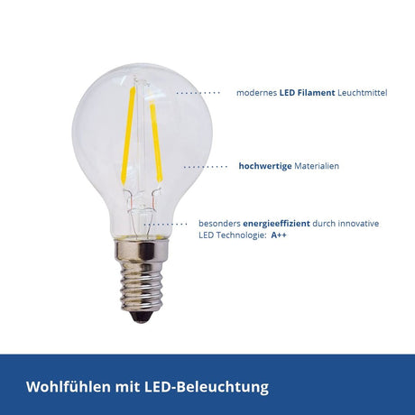 LED Filament Leuchtmittel, E14, 2W, Minibulbform, 200 Lumen, 2700K.