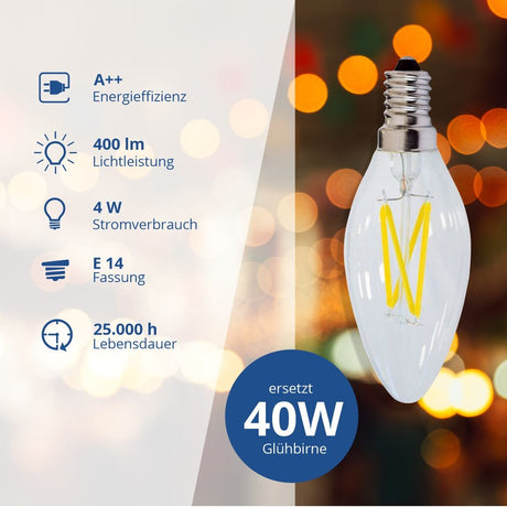 LED Filament Leuchtmittel E14, C35, 4 W, 400 lm, 6000 K | lichttechnik24line.com.