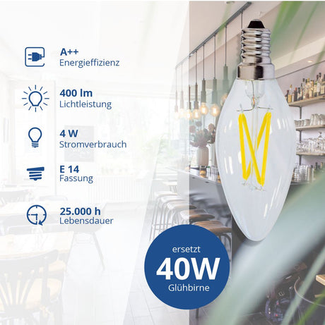 LED Filament Leuchtmittel E14, C35, 4 W, 400 lm, 6000 K | lichttechnik24line.com.