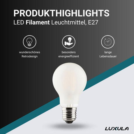 LED Filament Leuchtmittel E27, A60, 7W, 700lm, 2700K, frosted Glas.
