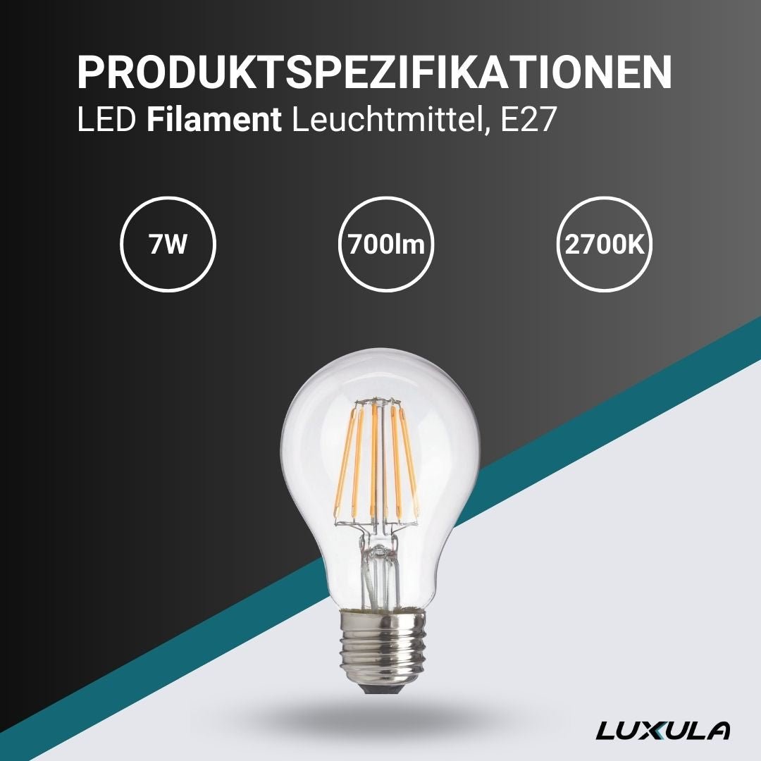 LED Filament Leuchtmittel E27, A60, 7W, 700lm, 2700K, transparentes Glas.