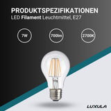 LED Filament Leuchtmittel E27, A60, 7W, 700lm, 2700K, transparentes Glas.