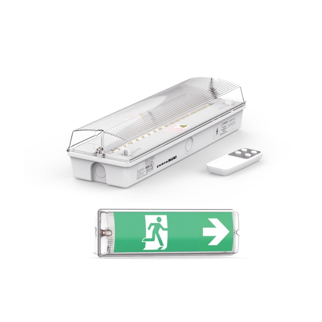 LED-Fluchtwegleuchte mit Fernbedienung, Notausgang mit Notstromeinheit, TEST-Funktion, Wandmontage, IP65.