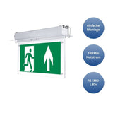 LED-Fluchtwegleuchte, Notausgang mit Notstromeinheit, Deckeneinbau.