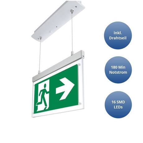 LED-Fluchtwegleuchte, Notausgang mit Notstromeinheit, Einbau, hängend.
