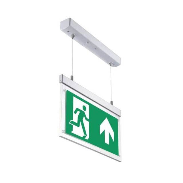 LED-Fluchtwegleuchte, Notausgang mit Notstromeinheit, hängend.