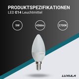LED Leuchtmittel E14, Kerze B37, 5W, 436lm, 2700K.