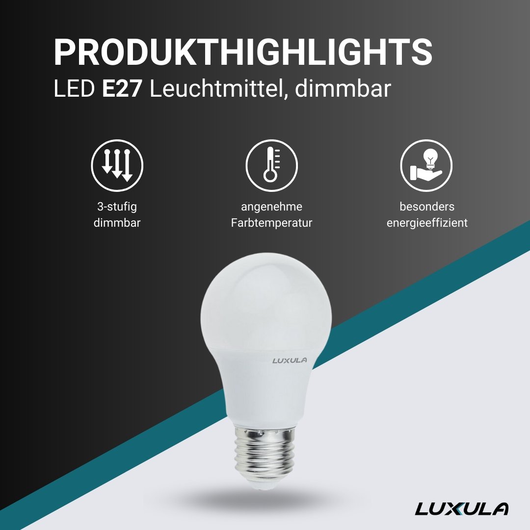 LED Leuchtmittel E27, A60, 3-stufig dimmbar, 10W, 900lm, 2700K.
