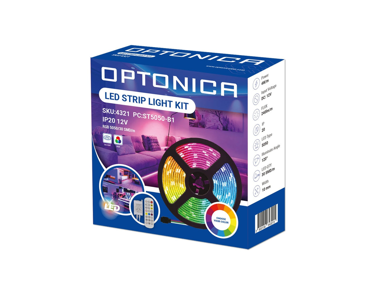 LED-Leuchtstreifen Set, RGB, 12 V, 60 LEDs, Netzteil + Fernbedienung, 5 m.
