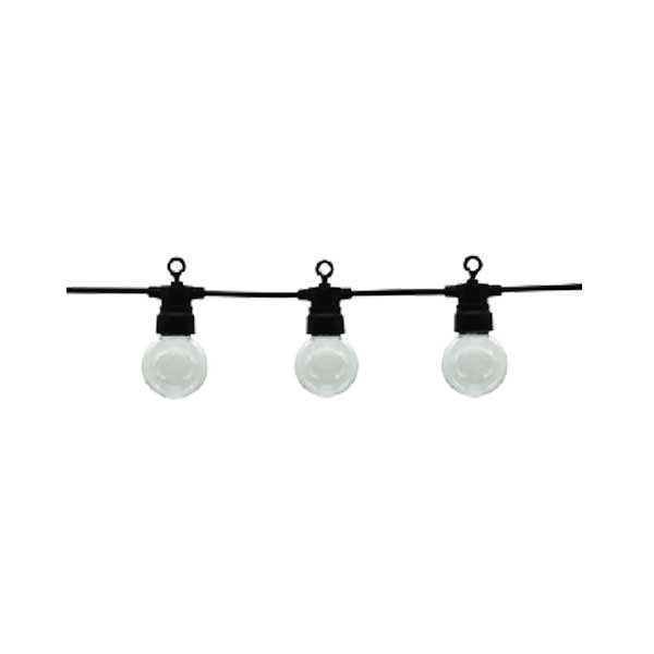 LED-Lichterkette, 10 Leuchtmittel, warmweiß, 8 m, schwarz, mit Aufhängung.