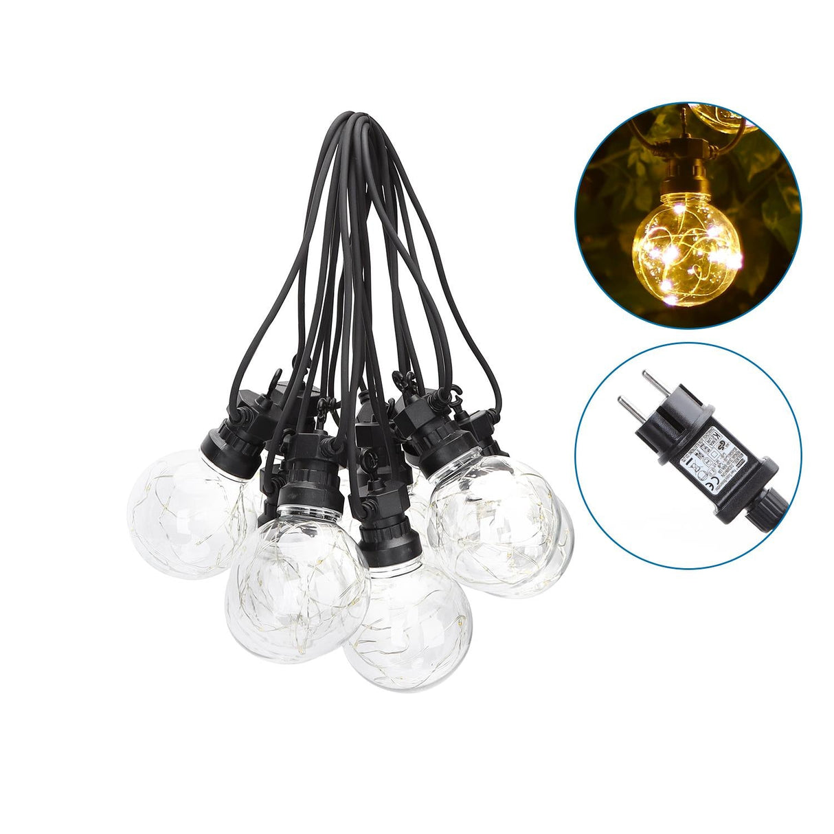 LED-Lichterkette, 10er, transparente Bulbs, warmweiß, 8 m.