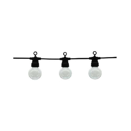 LED-Lichterkette E27, 20 Leuchtmittel, warmweiß, 13 m, schwarz, mit Aufhängung.