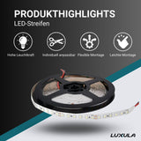 LED-Streifen, 5 m Länge, 4500 K neutralweißes Licht, 120 LED/m, 24 V, 8 mm.